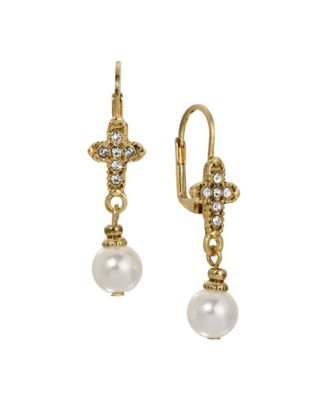 Symbols of Faith Gold Tone Crystal Cross With Faux Pearl Drop Earrings