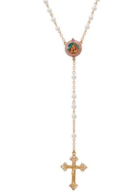 Symbols of Faith 14K Gold Dipped Mary & Child Decal Faux Pearl Rosary