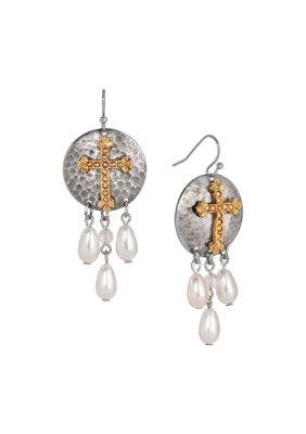 Symbols of Faith Two-Tone Cross With Faux Pearl Drop Earrings