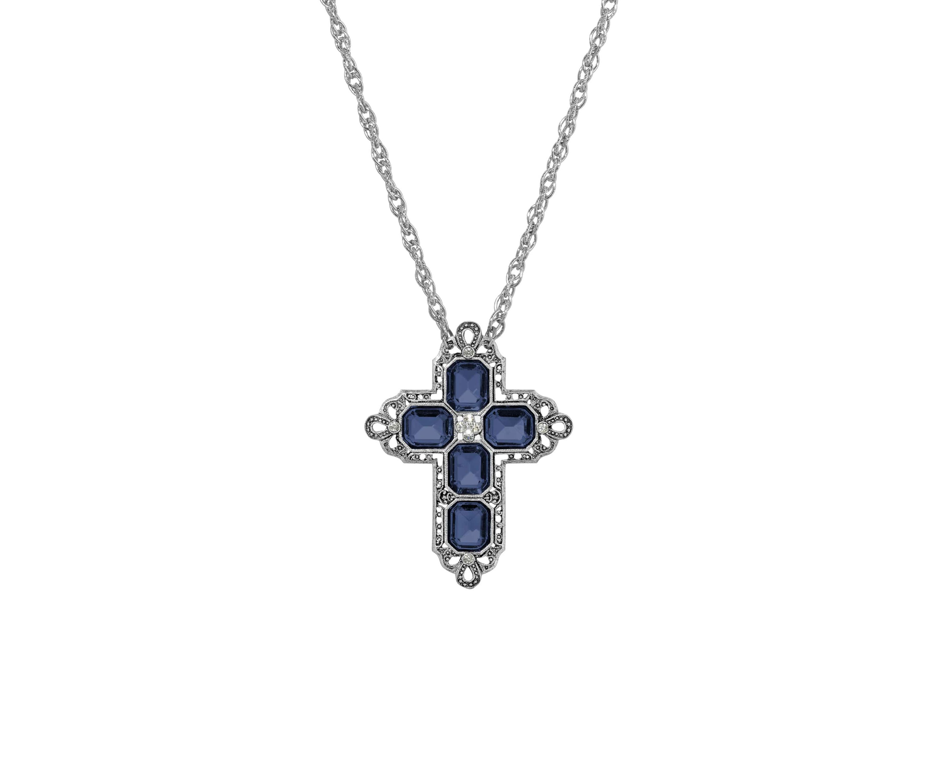 Blue Crystal Cross Chain Necklace 20"