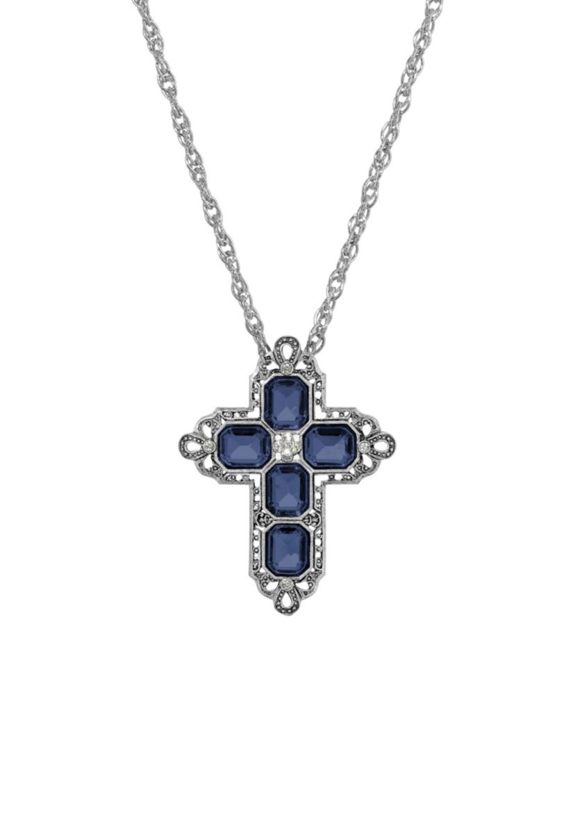 Blue Crystal Cross Chain Necklace 20"