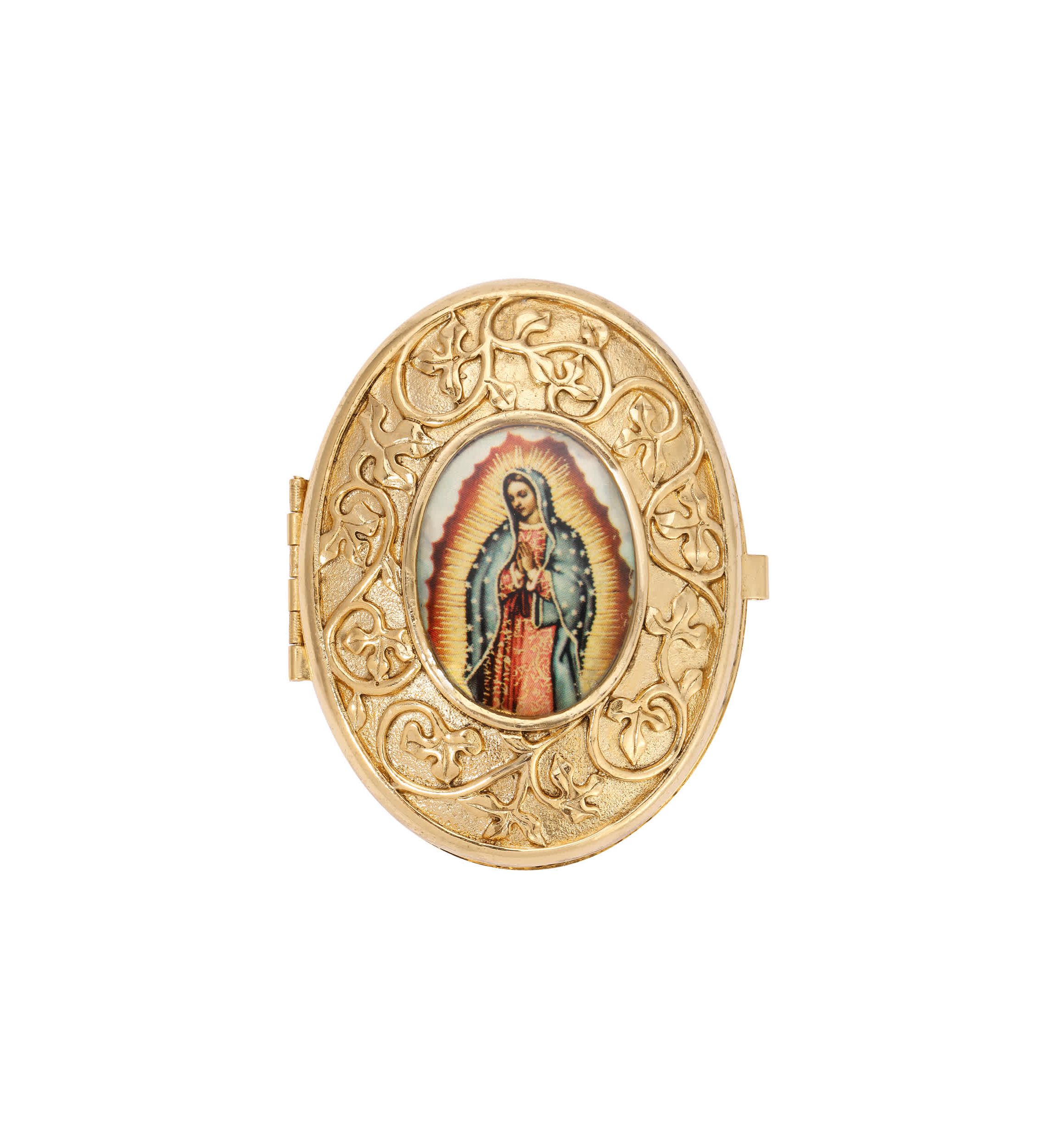 Gold Tone Our Lady of Guadalupe Decal Oval Pill Box