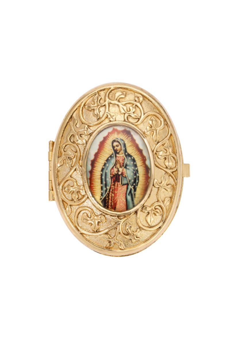 Gold Tone Our Lady of Guadalupe Decal Oval Pill Box
