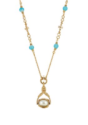 14K Gold-Dipped Triple Spinner Faux Pearl Mary Cameo Blue Bead Necklace 30