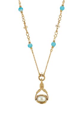 Symbols of Faith 14K Gold-Dipped Triple Spinner Faux Pearl Mary Cameo Blue Bead Necklace 30, Green