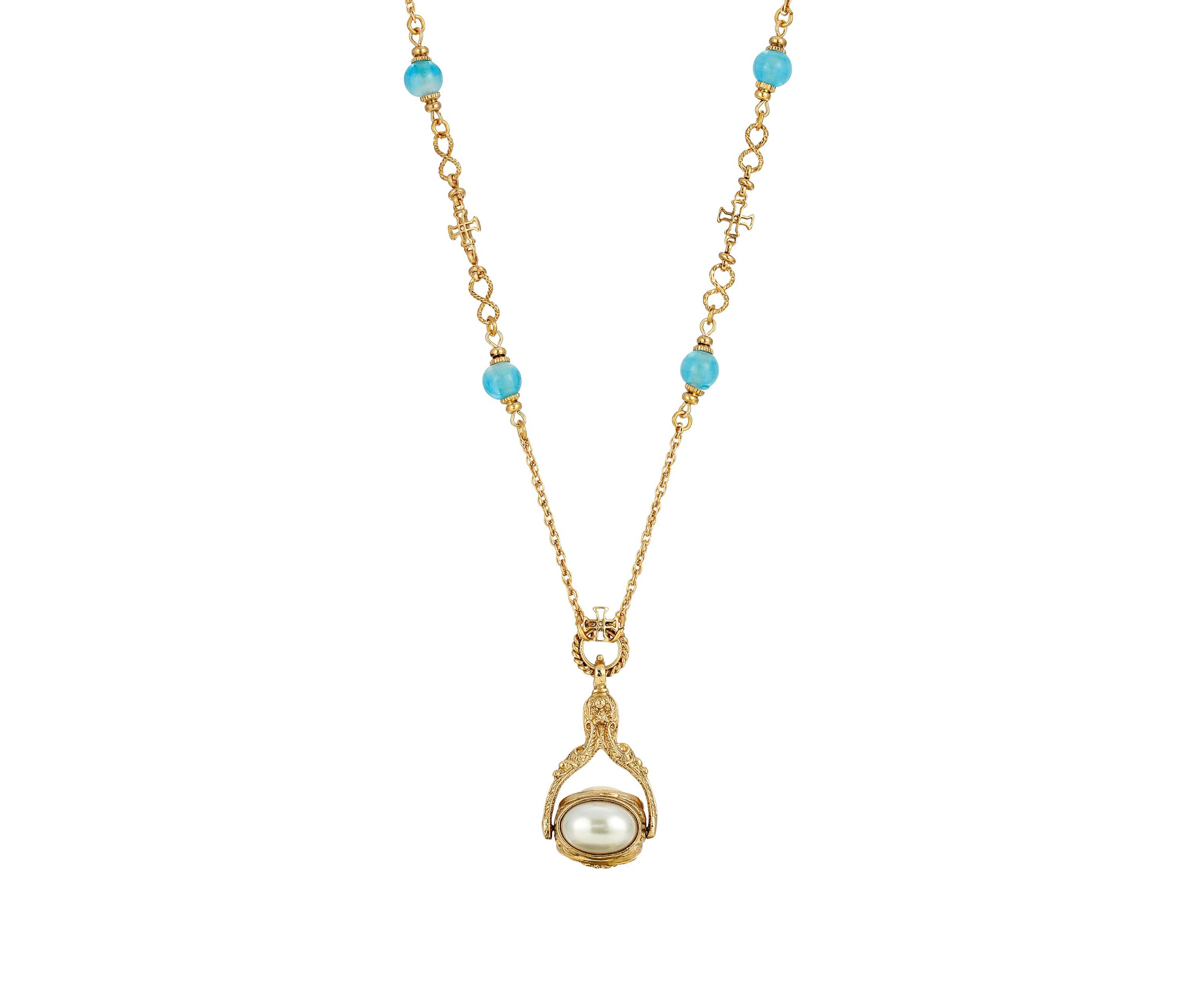 14K Gold-Dipped Triple Spinner Faux Pearl Mary Cameo Blue Bead Necklace 30