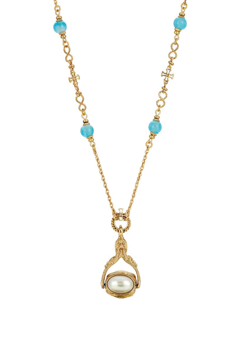 14K Gold-Dipped Triple Spinner Faux Pearl Mary Cameo Blue Bead Necklace 30