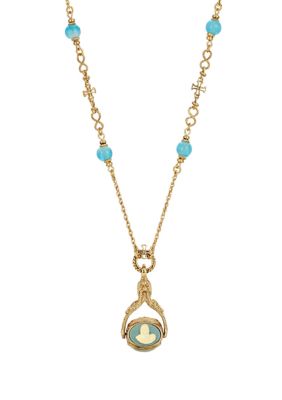 14K Gold-Dipped Triple Spinner Faux Pearl Mary Cameo Blue Bead Necklace 30