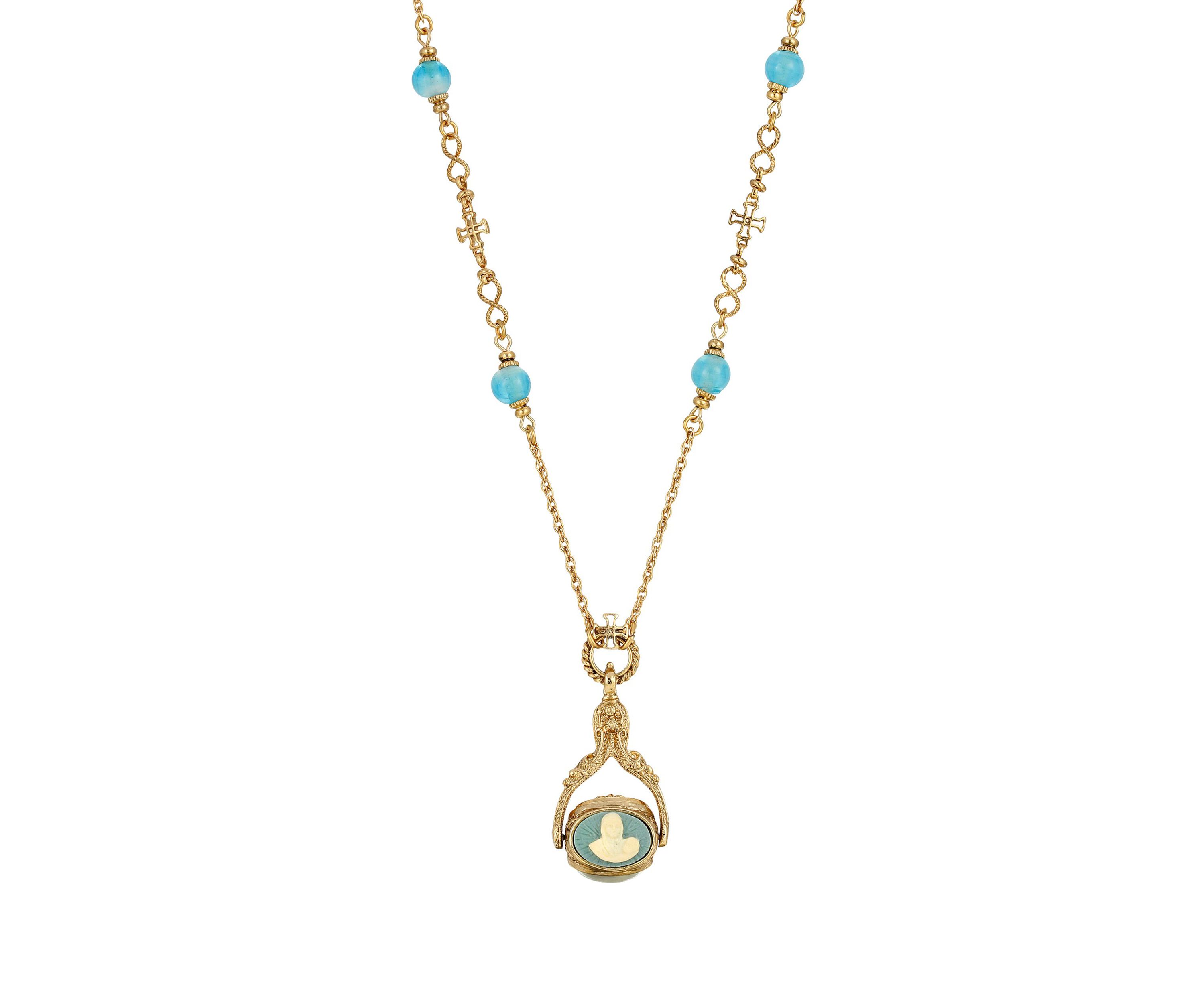 14K Gold-Dipped Triple Spinner Faux Pearl Mary Cameo Blue Bead Necklace 30