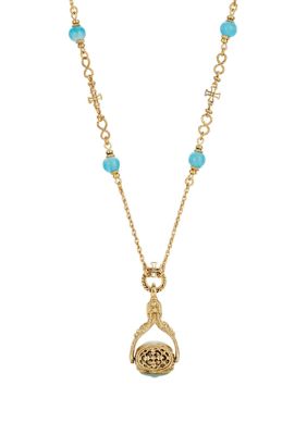 14K Gold-Dipped Triple Spinner Faux Pearl Mary Cameo Blue Bead Necklace 30