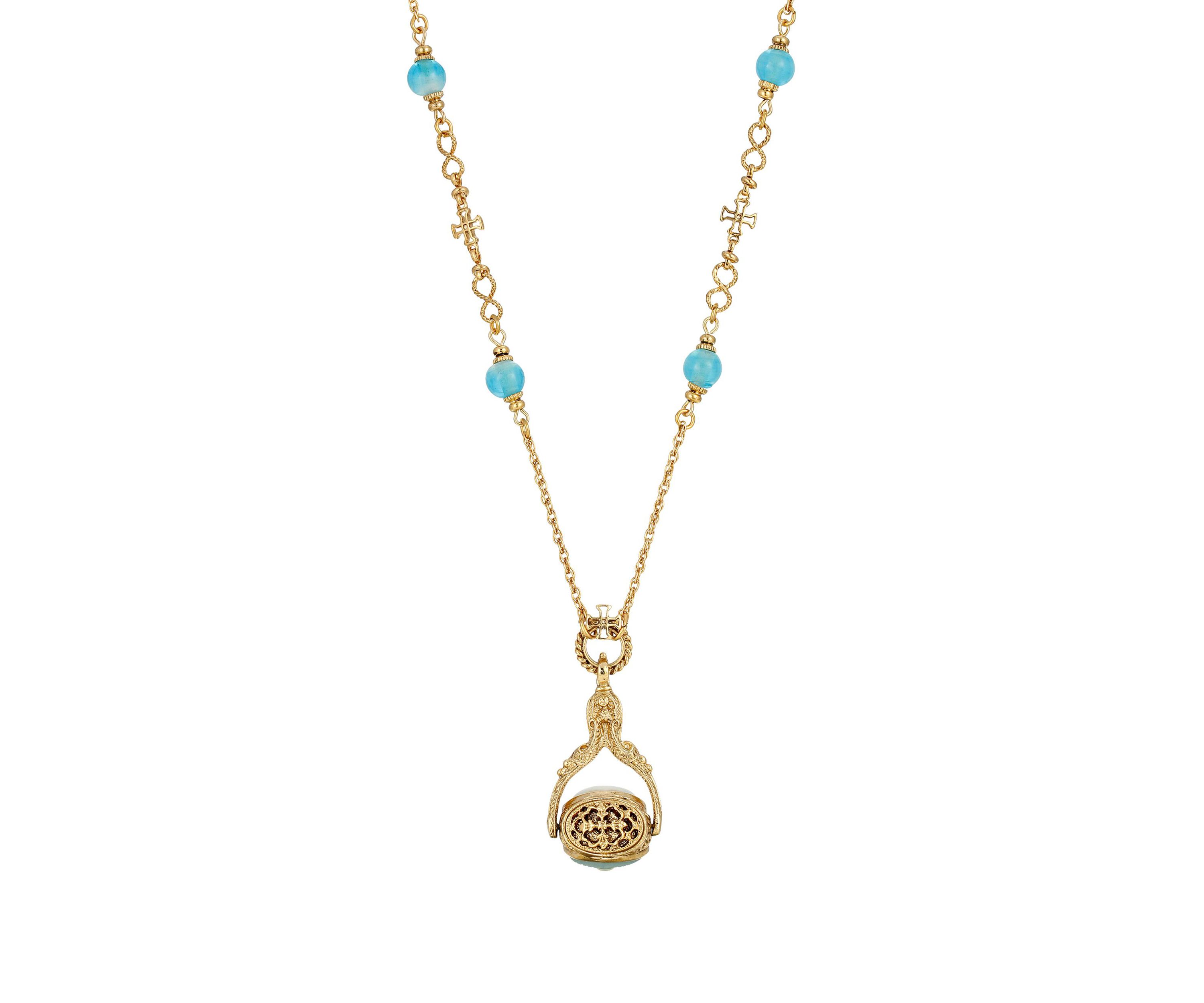 14K Gold-Dipped Triple Spinner Faux Pearl Mary Cameo Blue Bead Necklace 30