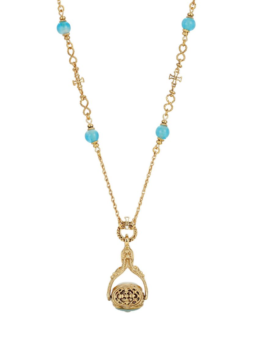 14K Gold-Dipped Triple Spinner Faux Pearl Mary Cameo Blue Bead Necklace 30