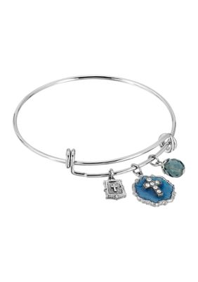 Symbols of Faith Silver Tone Blue Enamel Crystal Cross Beaded Slide Charm Bracelet