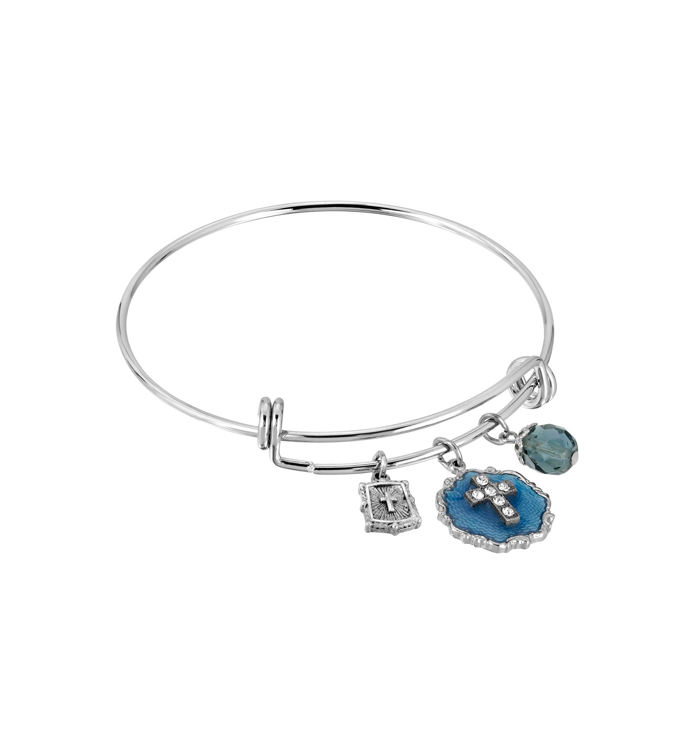 Silver Tone Blue Enamel Crystal Cross Beaded Slide Charm Bracelet