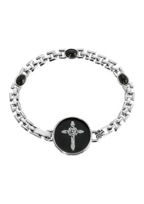 Symbols of Faith Silver Tone Cross Black Enamel Circle Bracelet