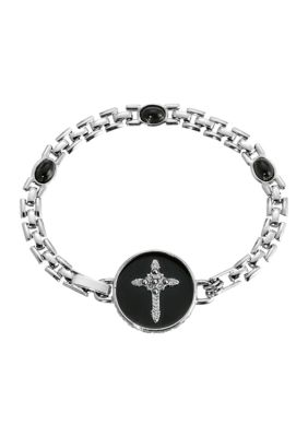 Silver Tone Cross Black Enamel Circle Bracelet