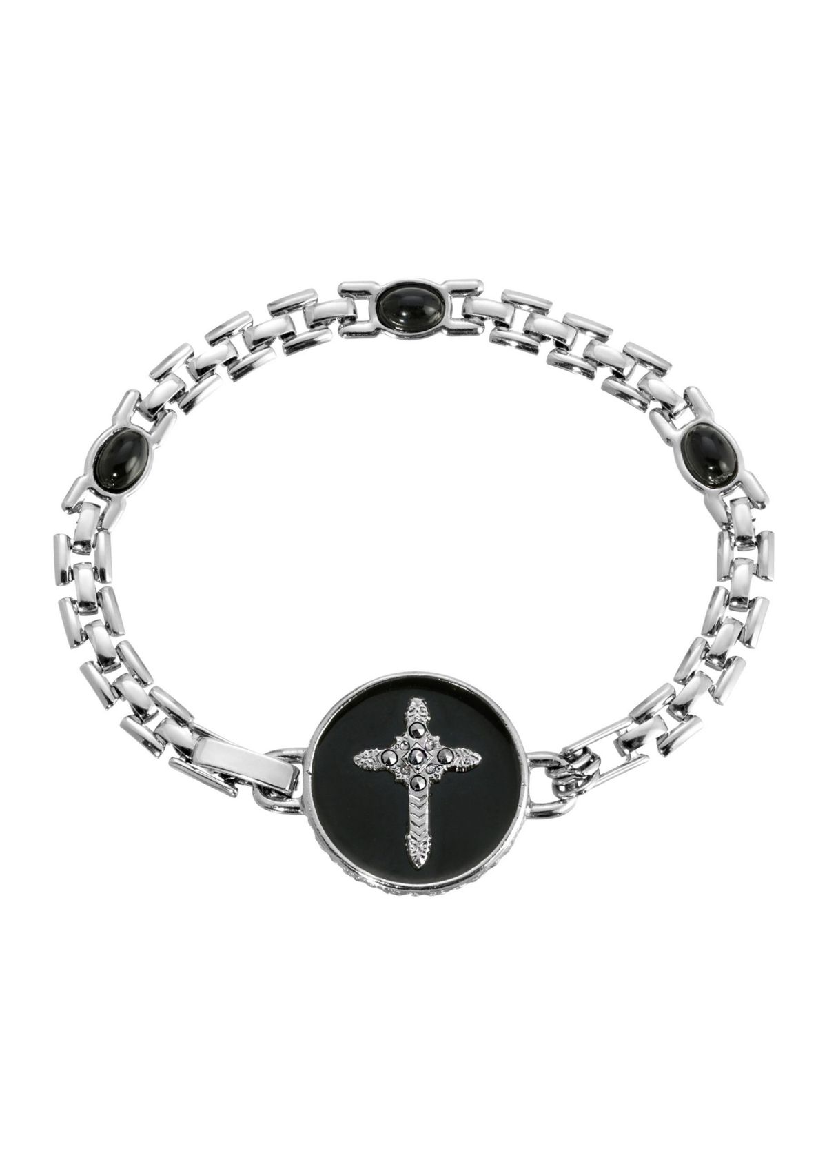 Silver Tone Cross Black Enamel Circle Bracelet
