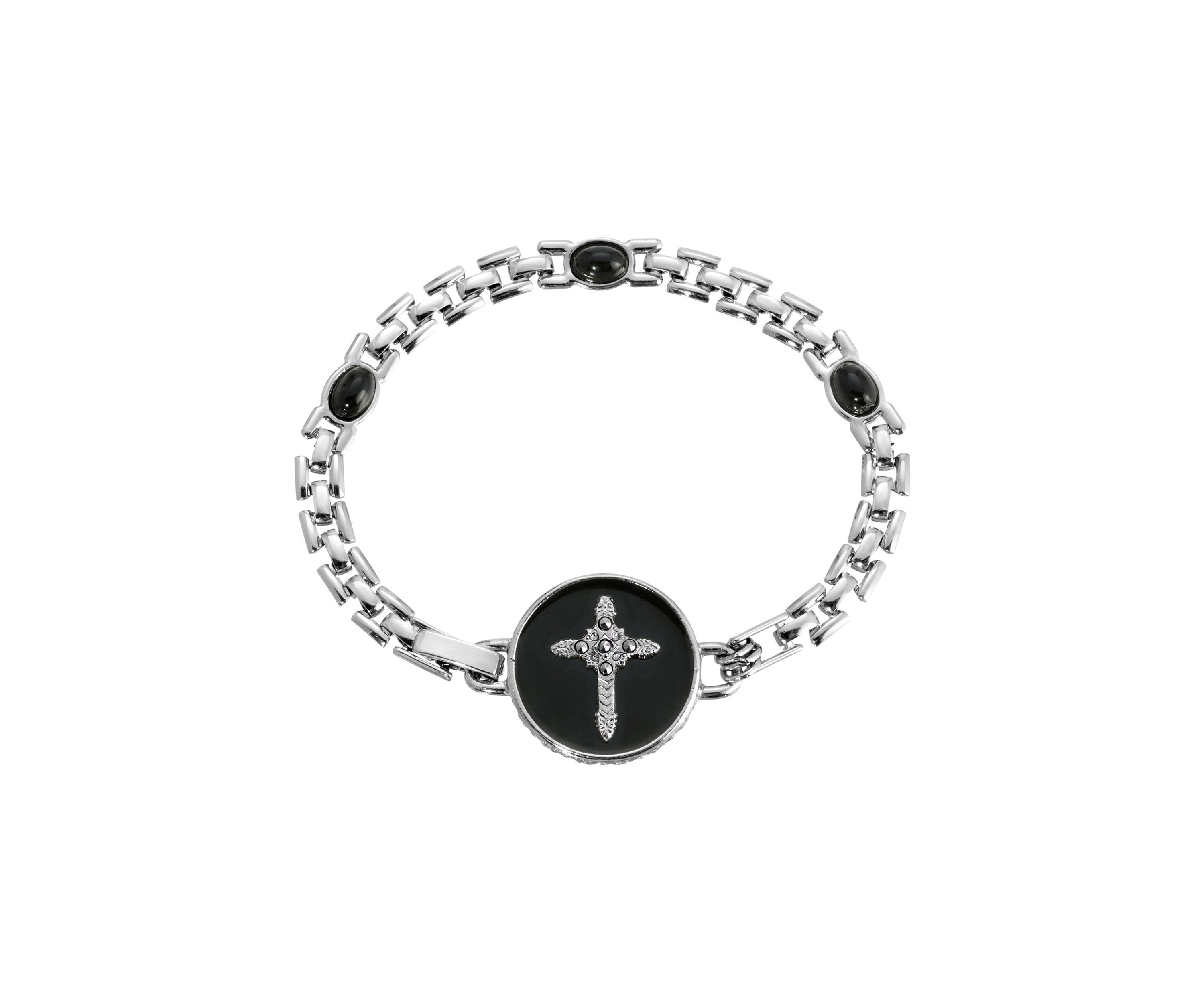 Silver Tone Cross Black Enamel Circle Bracelet