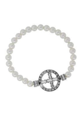 Pewter Crystal Cross Faux Pearl Stretch Bracelet