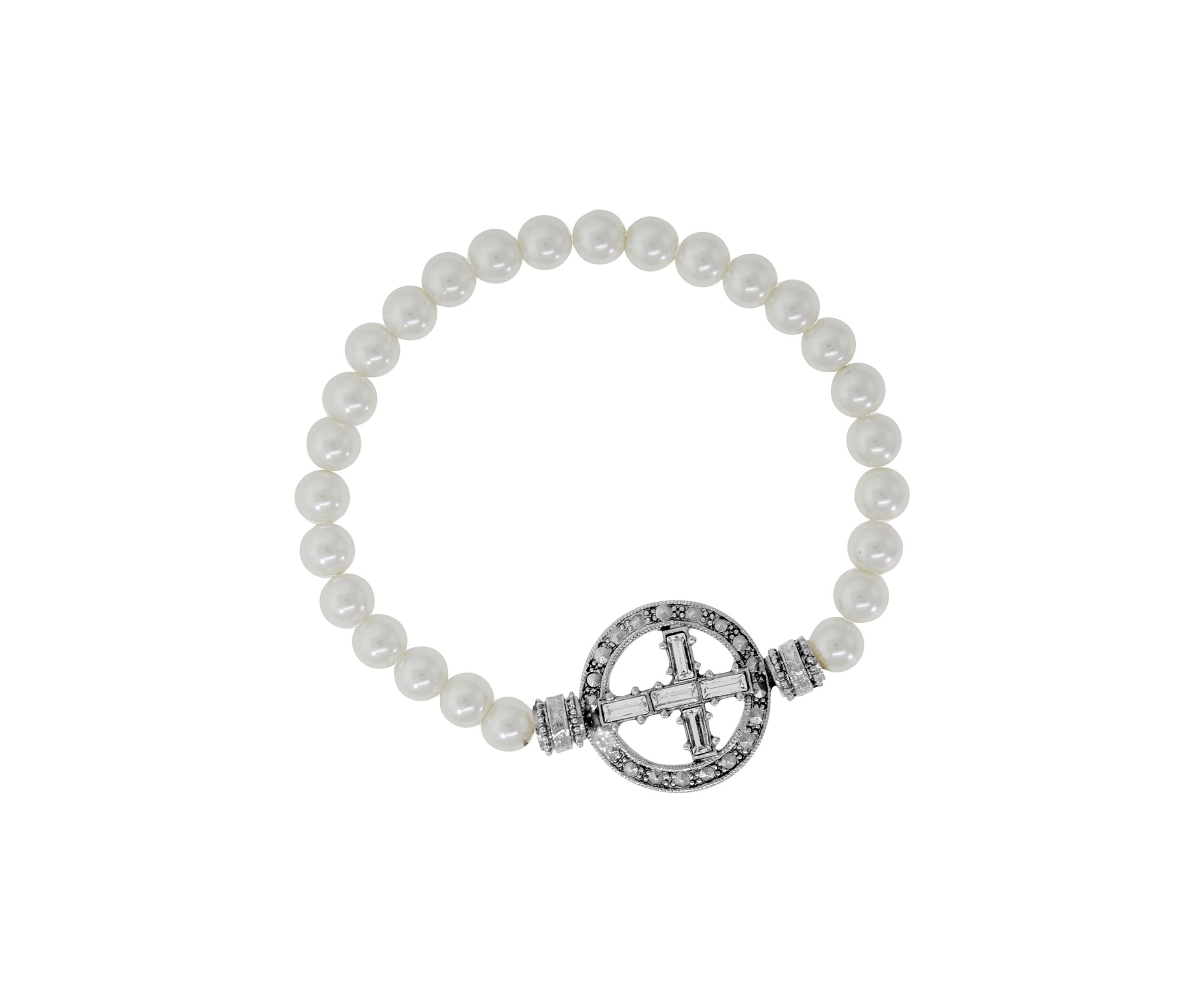 Pewter Crystal Cross Faux Pearl Stretch Bracelet