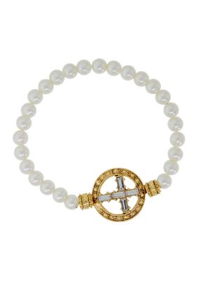 Gold Tone Crystal Cross Faux Pearl Stretch Bracelet