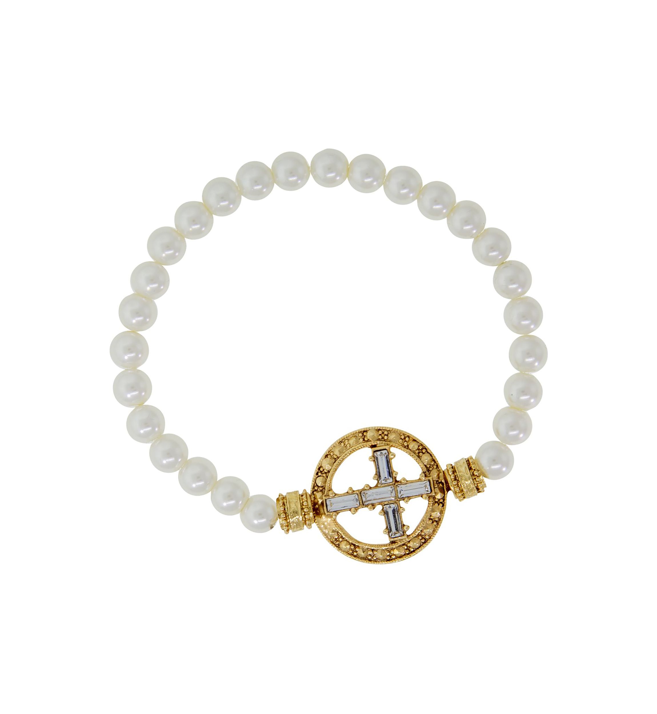Gold Tone Crystal Cross Faux Pearl Stretch Bracelet