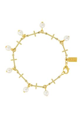 14K Gold Dipped Multi Cross Faux Pearl Link Bracelet