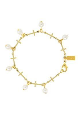 Symbols of Faith 14K Gold Dipped Multi Cross Faux Pearl Link Bracelet