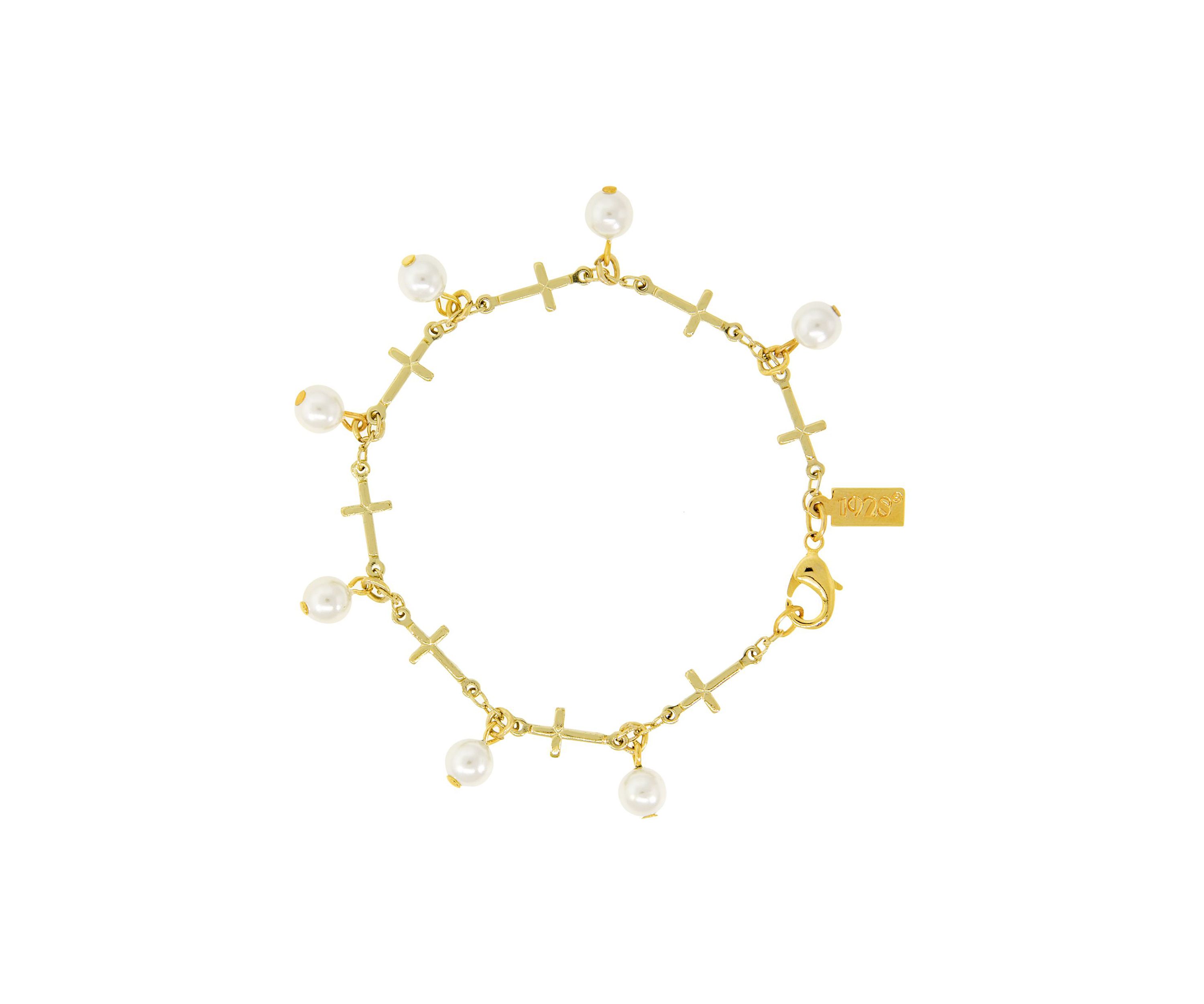 14K Gold Dipped Multi Cross Faux Pearl Link Bracelet