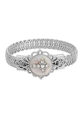 Symbols of Faith Pewter Crystal Cross with Mother of Pearl Belt Bracelet