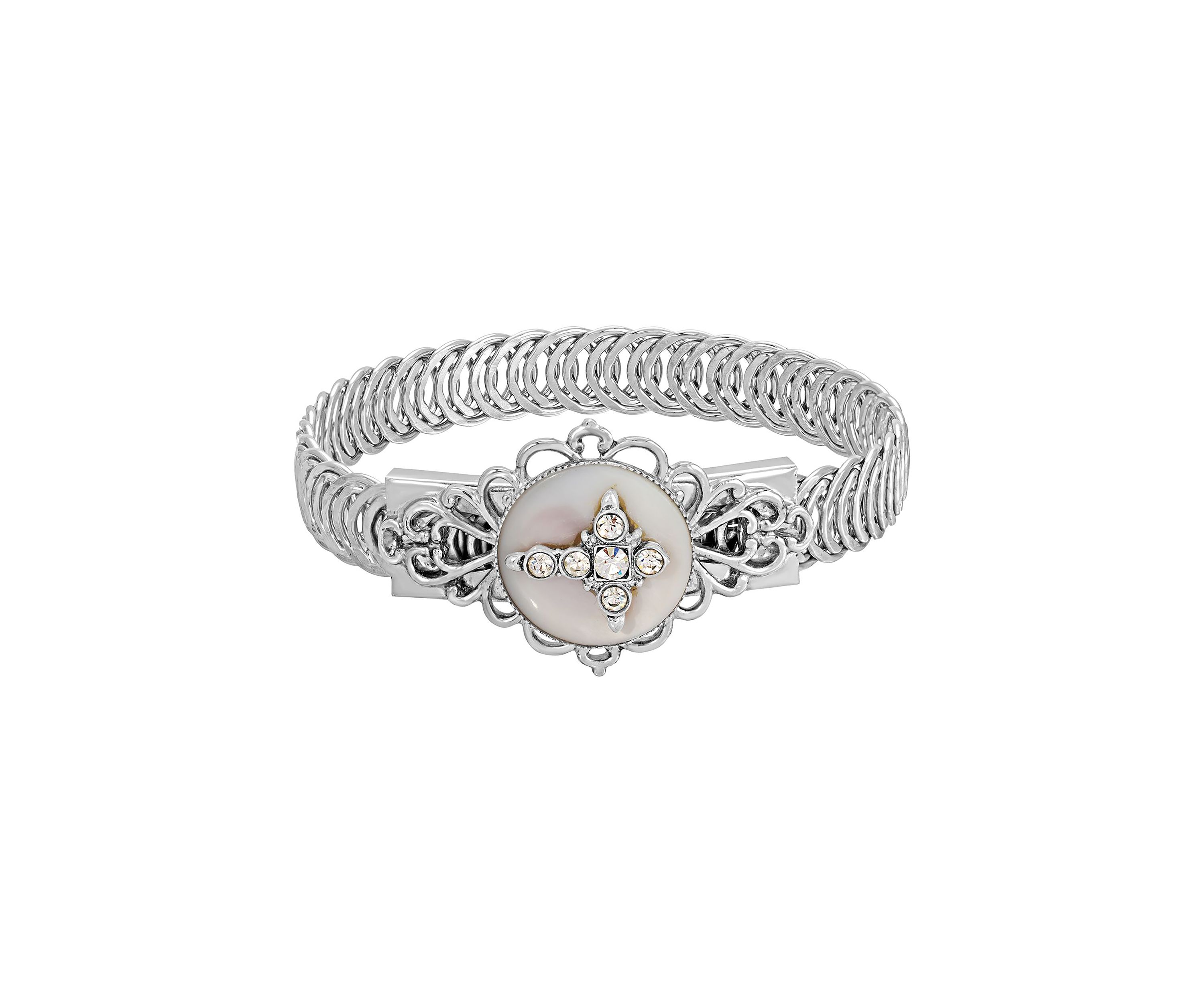 Pewter Crystal Cross with Mother of Pearl Belt Bracelet