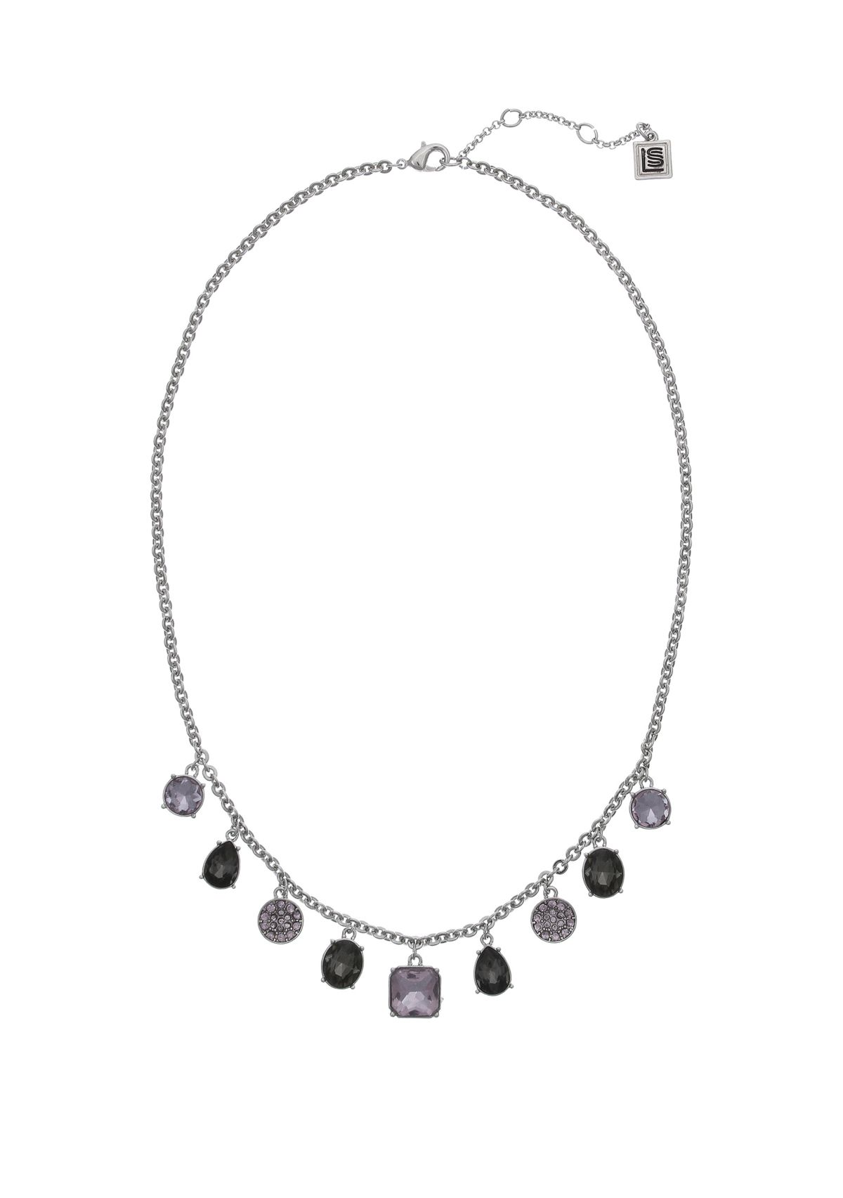 Silver Tone Diamond Cut Chain Necklace with Glass Crystal, Black Diamond, and Violet Stones