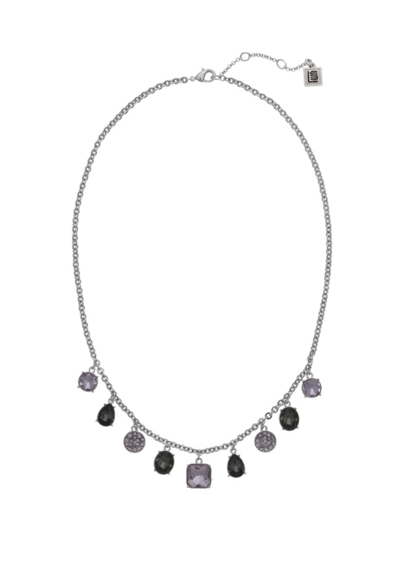 Silver Tone Diamond Cut Chain Necklace with Glass Crystal, Black Diamond, and Violet Stones