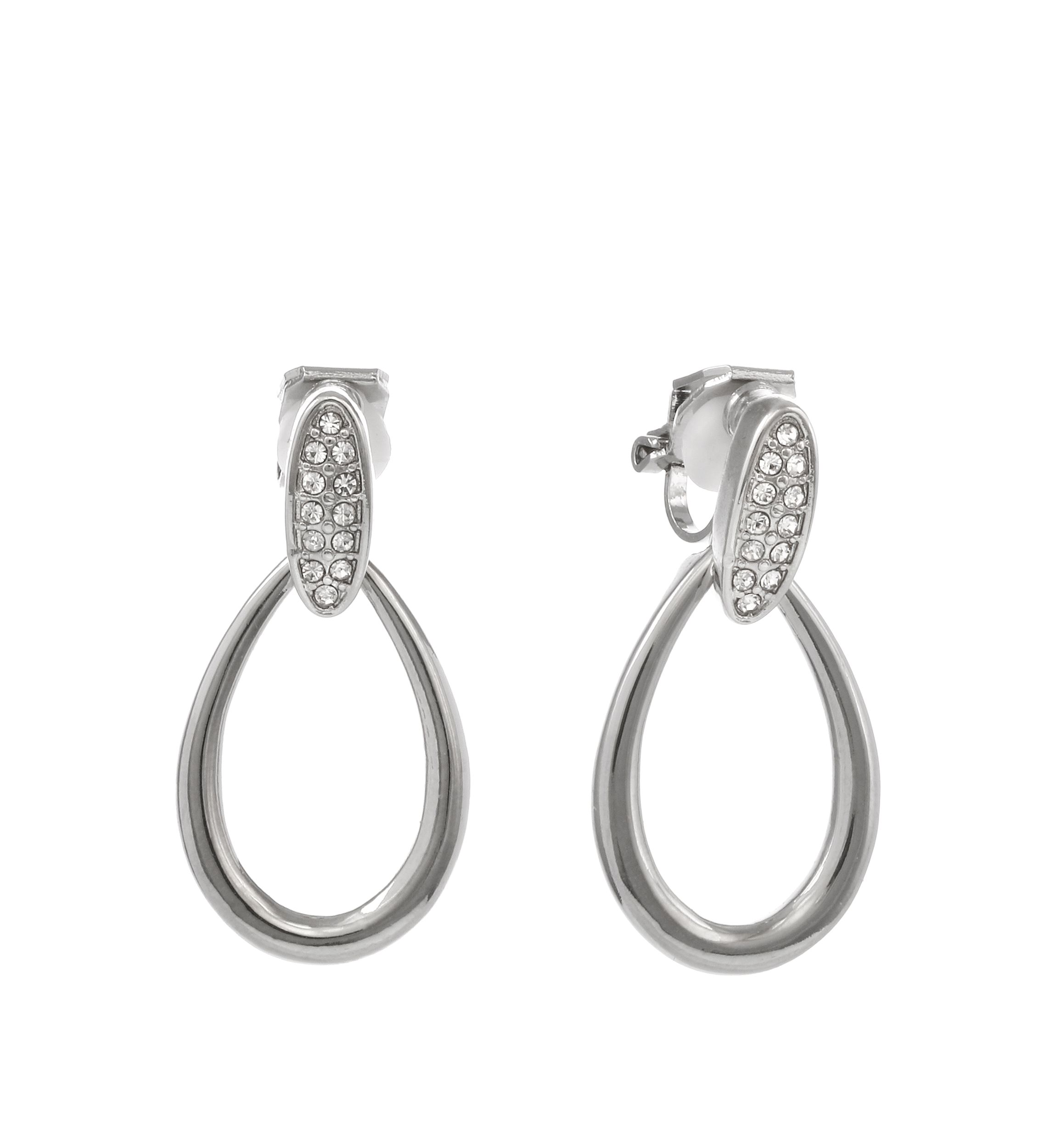 Silver Tone Teardrop Clip Earrings with Pavé Crystals
