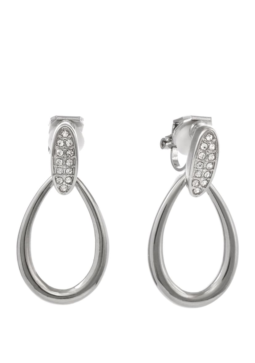 Silver Tone Teardrop Clip Earrings with Pavé Crystals