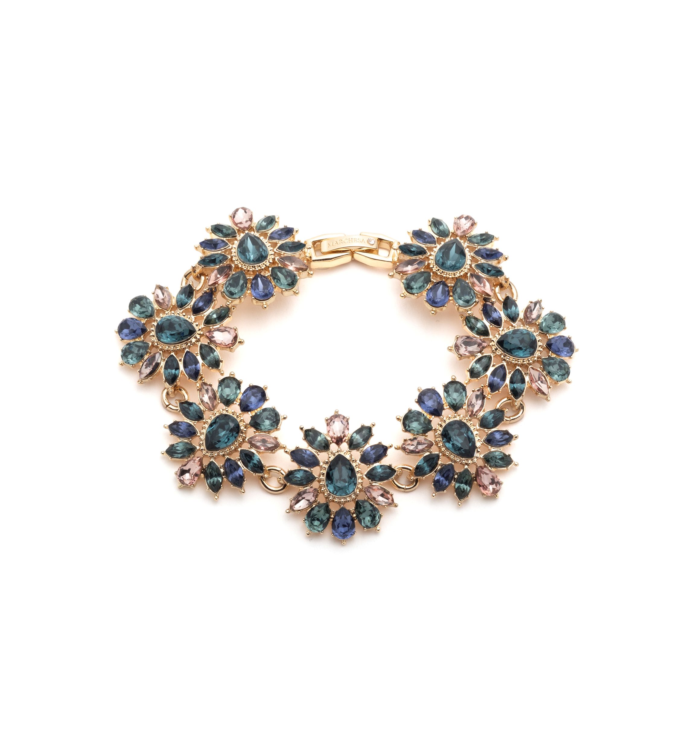 Gold Tone Blue Large Cluster Flex Bracelet