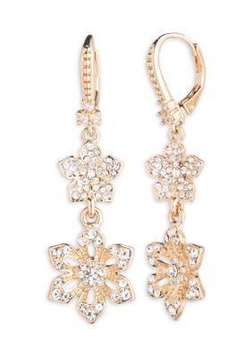 Gold Tone Crystal Floral Double Drop Earrings