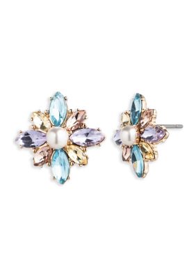 Gold Tone Multi Color Floral Post Earrings