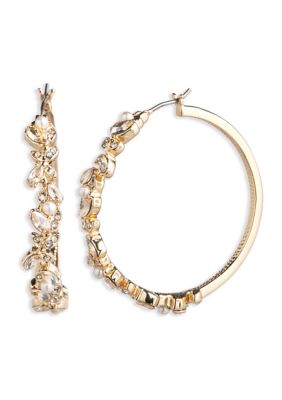 Gold Tone 40 Millimeter Crystal Vine Leaf Hoop Earrings
