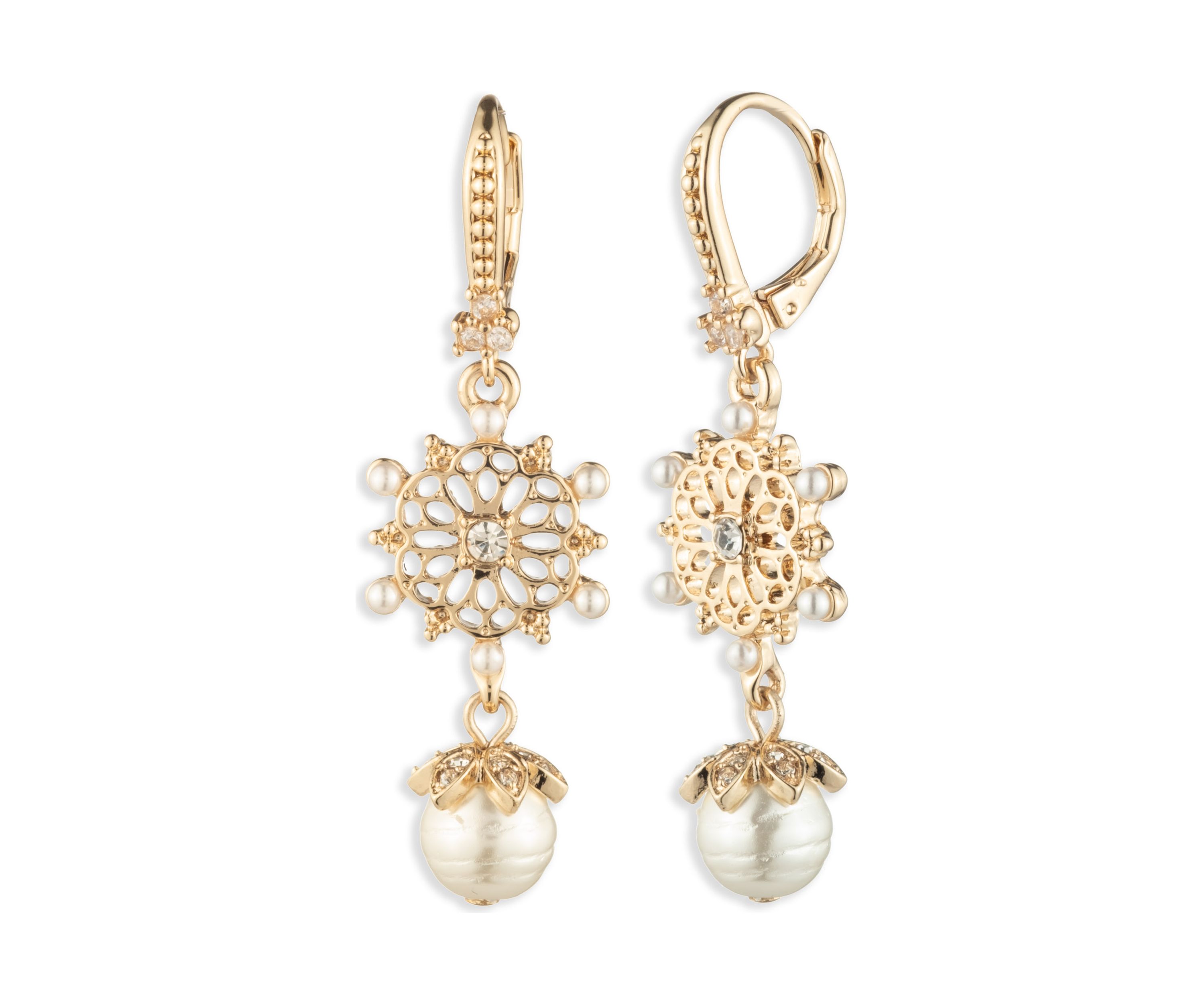 Gold Tone Pearl Filigree Double Drop Earrings