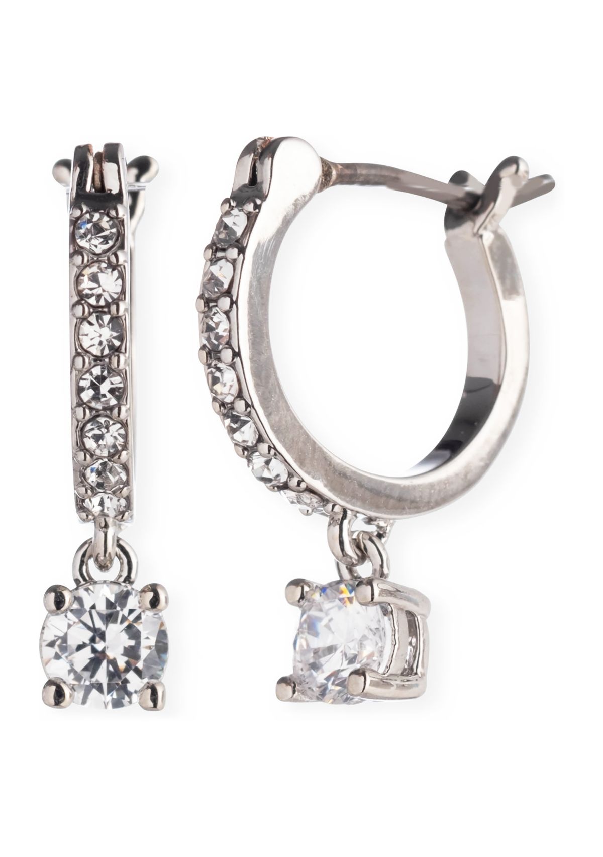 Silver Tone Crystal Huggie Drop Earrings