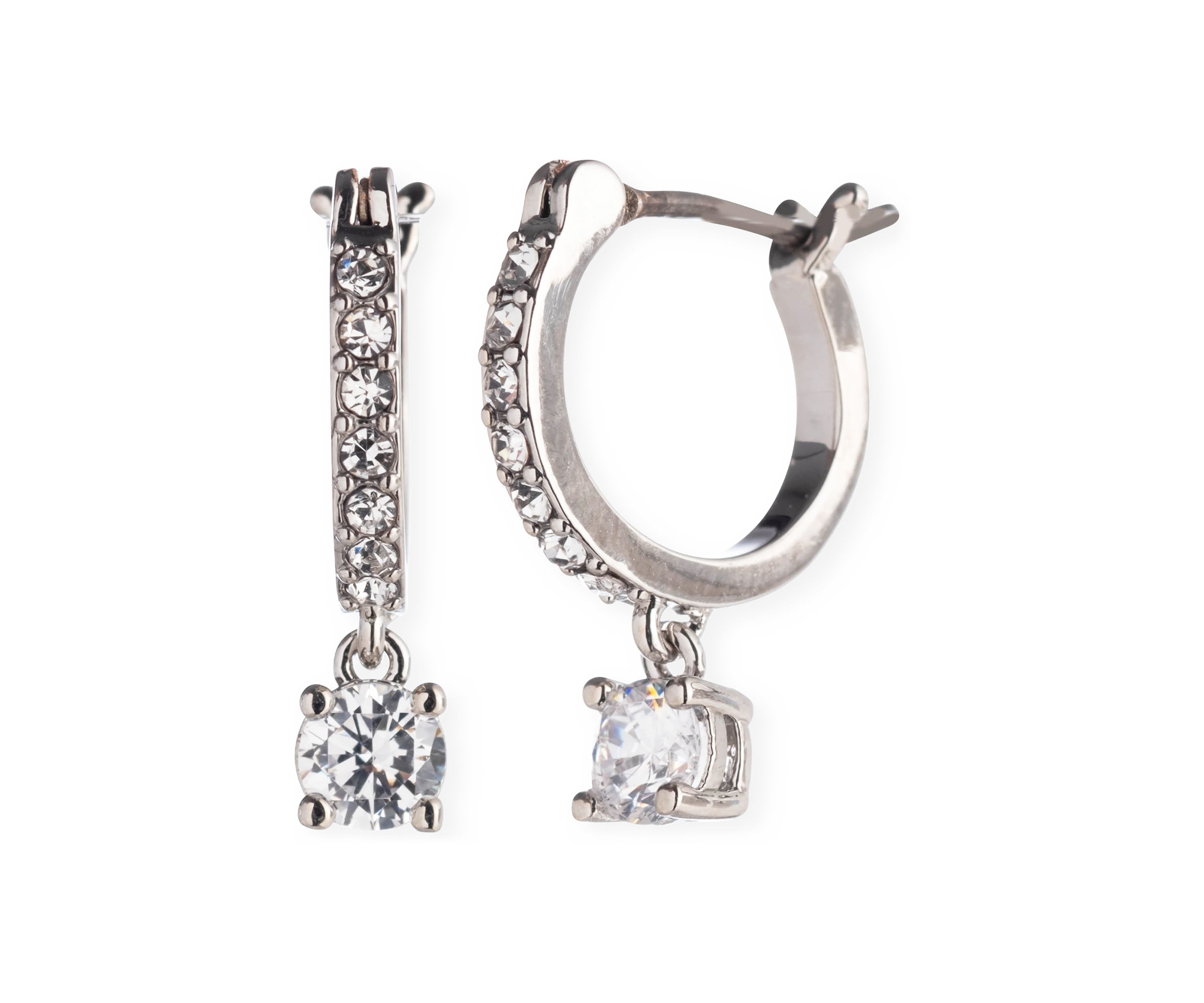 Silver Tone Crystal Huggie Drop Earrings