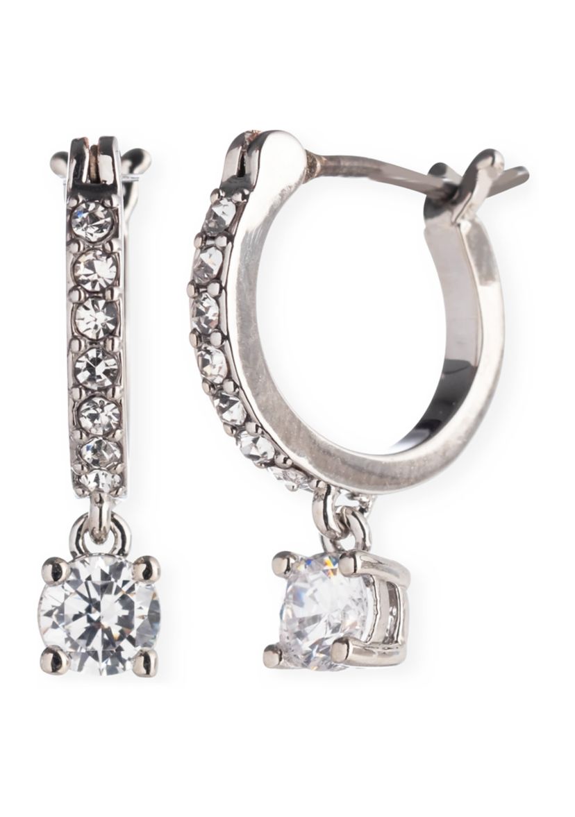 Silver Tone Crystal Huggie Drop Earrings