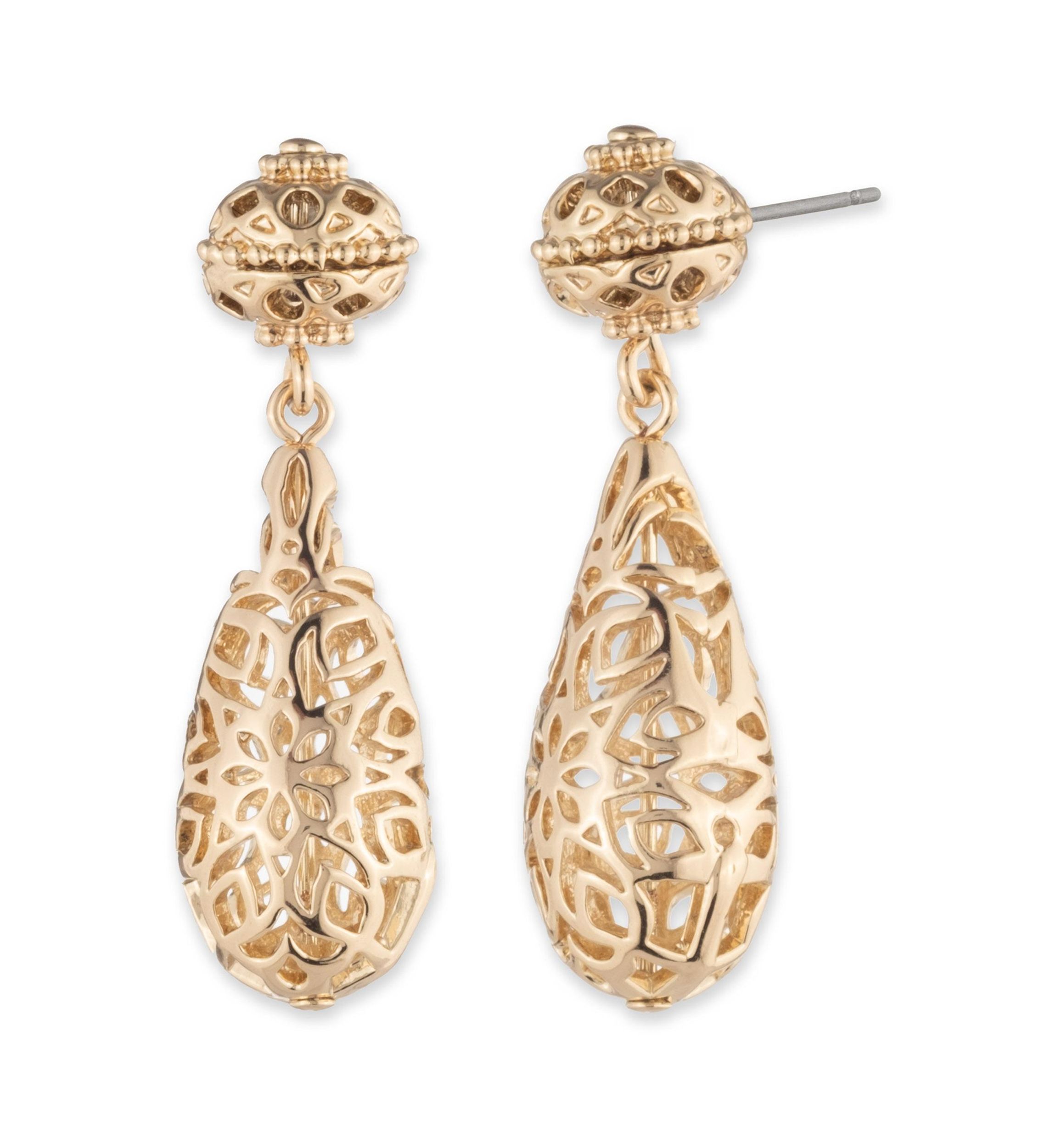 Gold Tone Filigree Puffy Drop Earrings