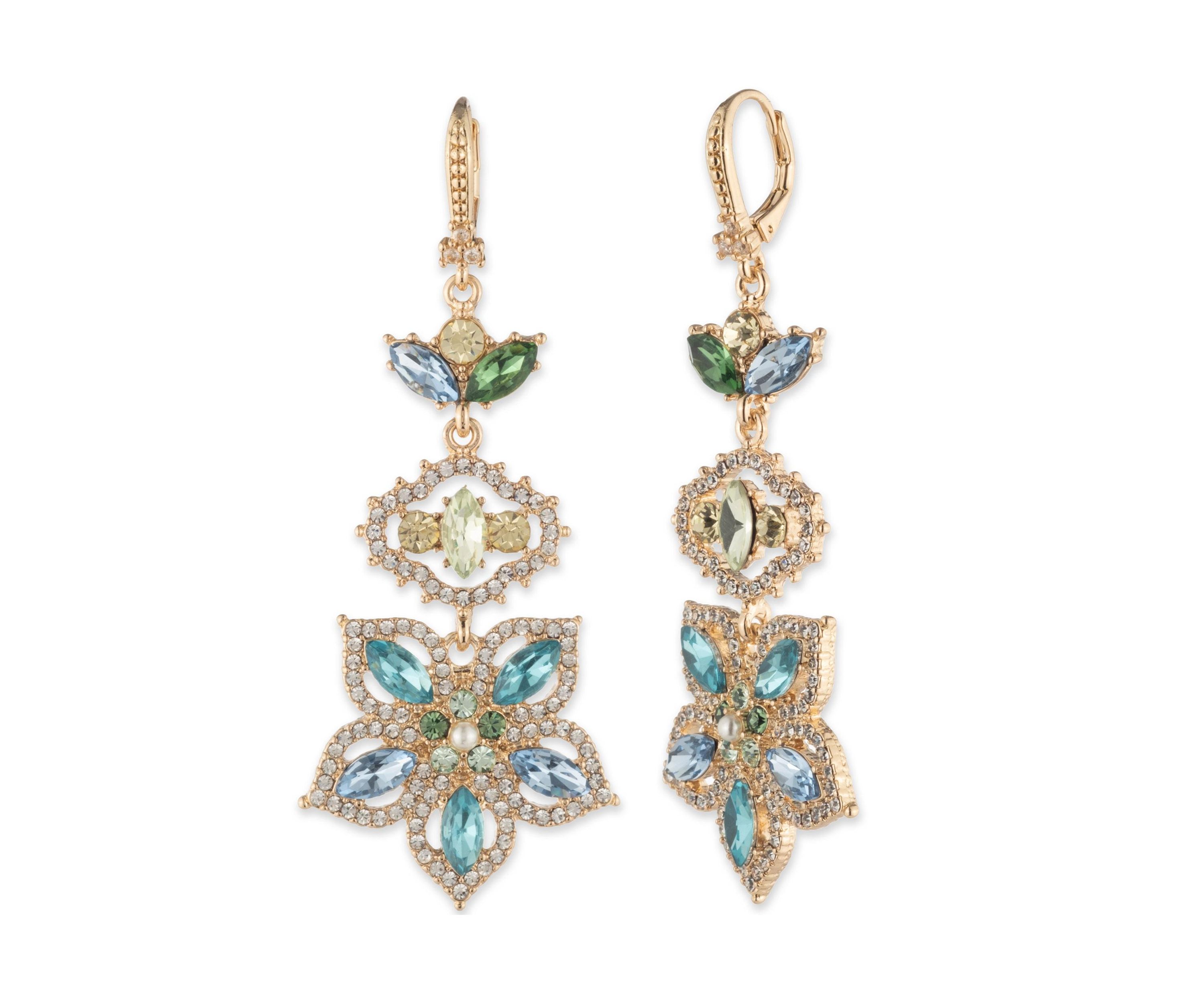 Gold Tone Blue Large Floral Linear Earrings