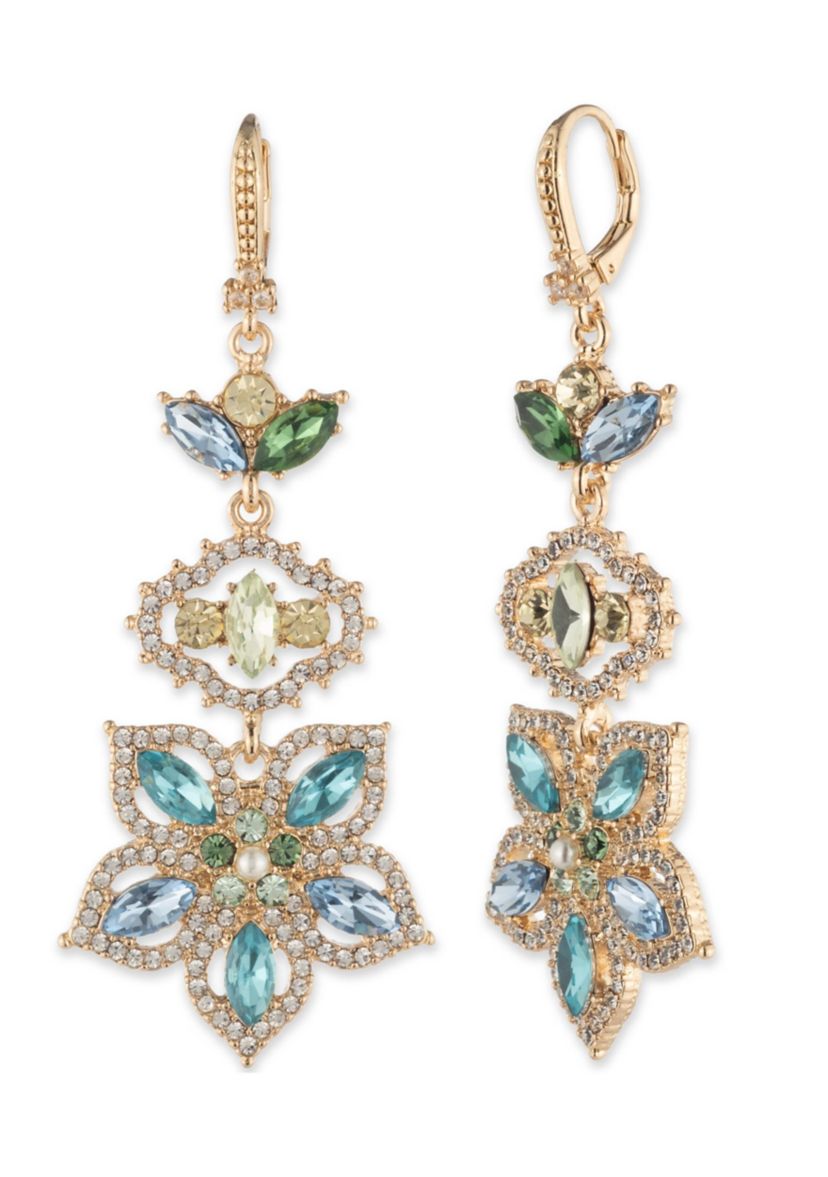 Gold Tone Blue Large Floral Linear Earrings