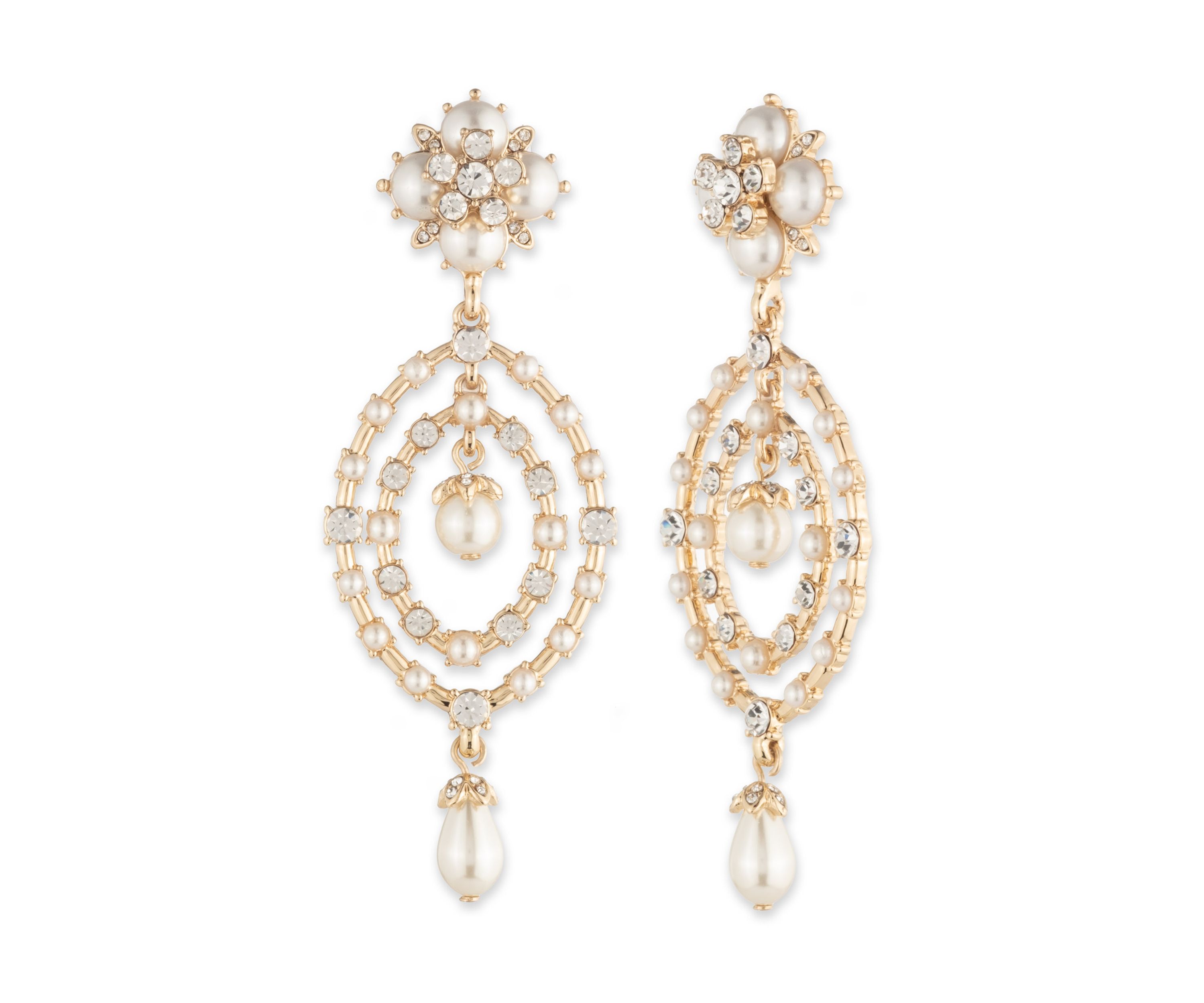 Gold Tone White Pearl Orbital Earrings