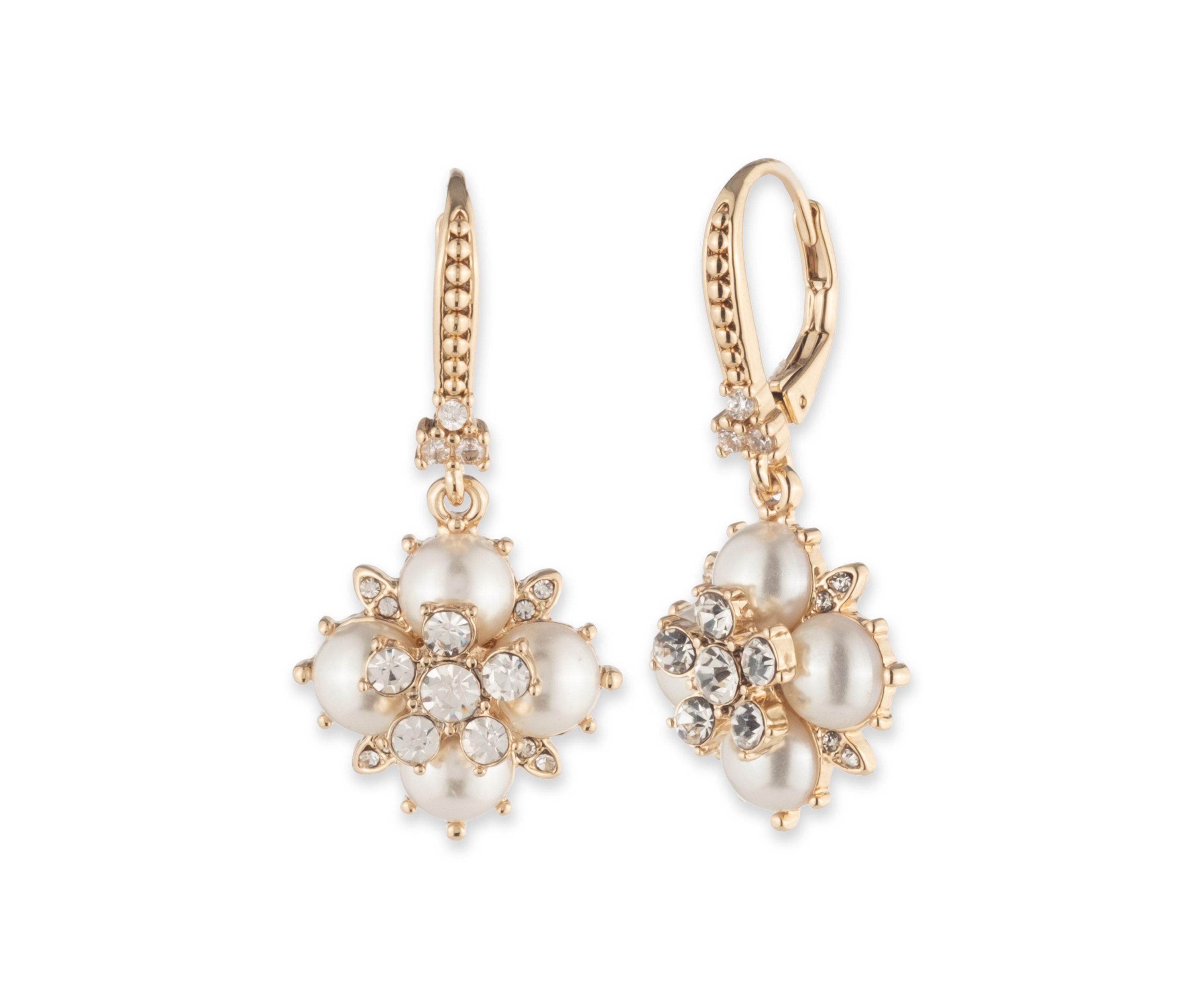 Gold Tone White Pearl Drop Earrings