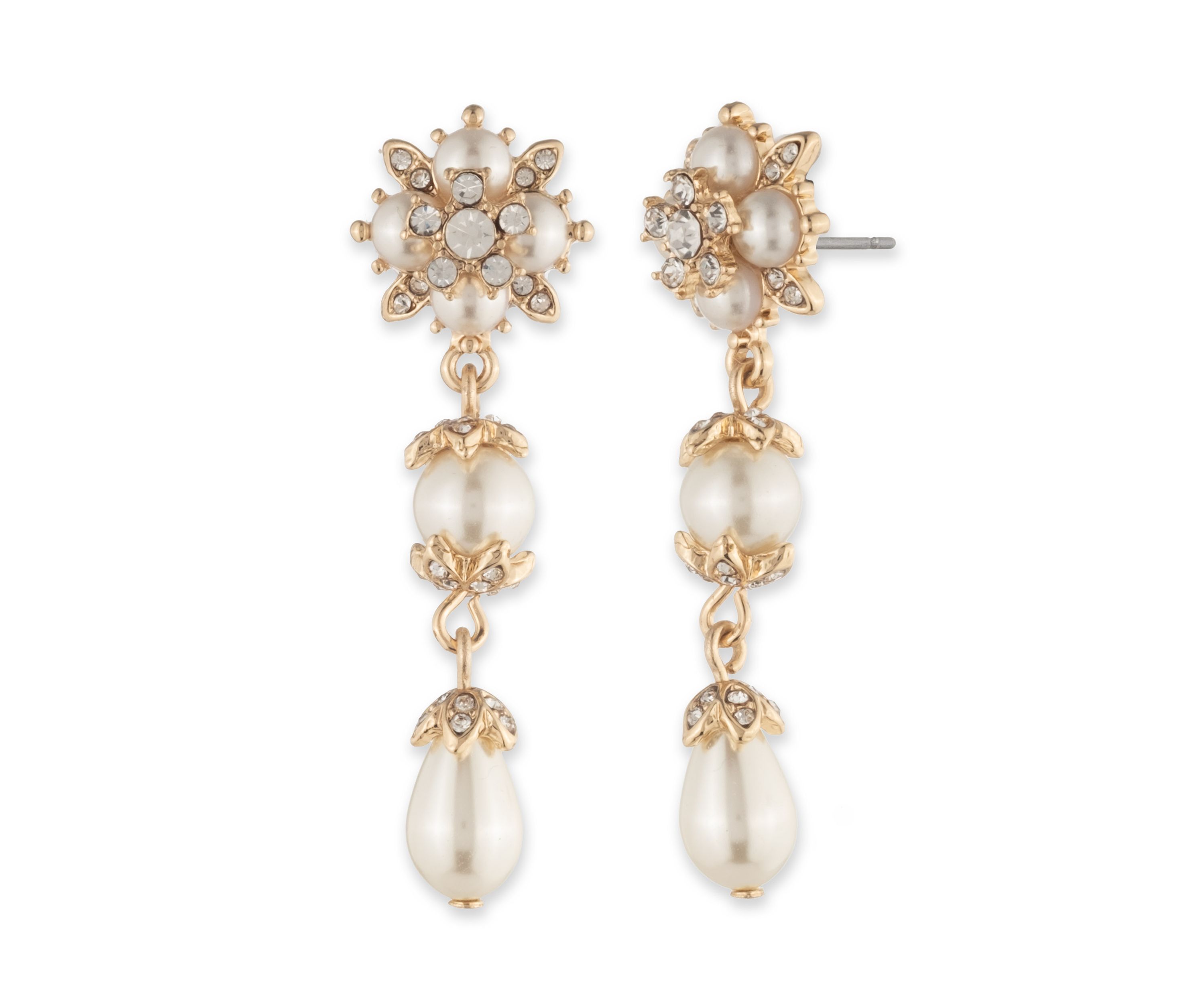 Gold Tone White Pearl Linear Earrings