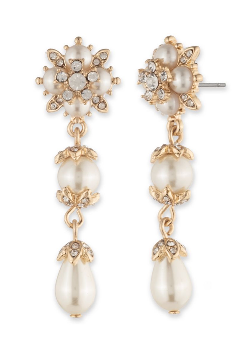 Gold Tone White Pearl Linear Earrings